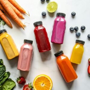 Colorful assortment of organic juices with fresh ingredients for a healthy lifestyle.